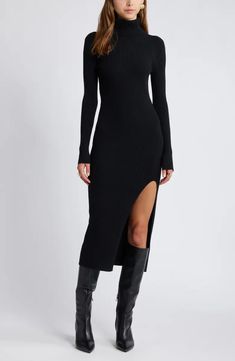 Open Edit Rib Long Sleeve Turtleneck Sweater Dress | Nordstrom Mock Neck Long Sleeve Dress, Sweater Dress With High Boots, Dresses And Boots Winter, Short Dress With Knee High Boots, Long Ribbed Bodycon Sweater Dress, Fitted Long Ribbed Sweater Dress, Chic Long Ribbed Sweater Dress, Winter Ribbed Midi Dress For Night Out, Ribbed Midi Dress For Winter Night Out