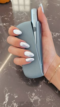 #nails #chrome #babybluenails Chrome Classy Nails, Icy Blue Chrome Nails Winter, Light Colored Chrome Nails, Light Color Chrome Nails, Icy Chrome Nails, Winter Baby Blue Nails, Chrome Nails January, Blue Gray Chrome Nails, Ice Chrome Nails