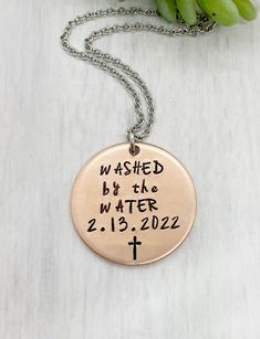 "Stamped with \"WASHED by the WATER\", it is a unique, meaningful and personalized baptism gift for adults and teens who decide to be baptized along with date and a cross stamp. This necklace makes simple yet meaningful for teens, adult, a Sunday School class, VBS giveaways or other church groups. Give these religious gifts to all your friends for an inspirational reminder. It comes with a nice gift box, it is ready for gifting or gift for self. Please leave date in \"note to seller\" box at che Personalized Spiritual Necklace For Baptism, Spiritual Personalized Necklace For Baptism, Personalized Spiritual Jewelry For Baptism, Baptism Necklace, Adult Baptism Gifts, Adult Baptism, Gift For Self, School Class, Baptism Gifts