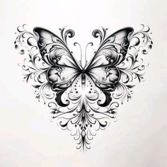 a black and white drawing of a butterfly with swirls on it's wings