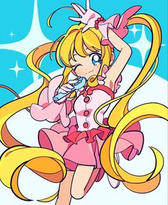 an anime character with long blonde hair and pink dress, holding a toothbrush in her hand