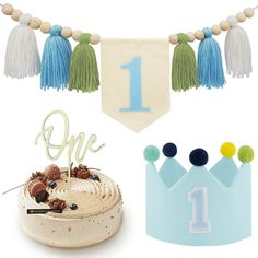 a birthday cake and decorations for one year old