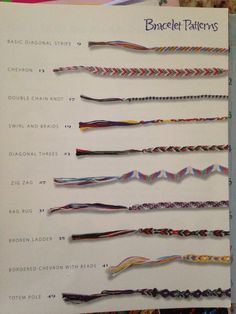 a bunch of different types of braids on a white sheet with the words bracelet patterns