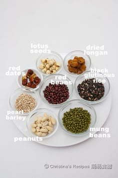 a white plate topped with bowls filled with different types of food and words written in chinese