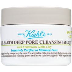 Travel Size Rare Earth Deep Pore Cleansing Mask -  Kiehl's Travel Size Rare Earth Deep Pore Cleansing Mask: A clay mask that visibly minimizes pores and blackheads instantly, leaving skin refined and smooth.    Benefits     An efficacious pore minimizing face mask formulated with Fairly Traded Amazonian White Clay responsibly sourced by local communities near the mouth of the Amazon River. This detoxifying and purifying clay face mask helps reduce excess oil and minimize the look of pores to lea Face Mask Pores, Clear Skin Mask, Face Masks For Acne, Blackheads Mask, Pore Cleansing Mask, Masks For Acne, Vitamin C Mask, Fungal Acne, Aloe Vera Face