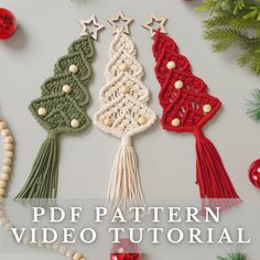 crochet christmas tree ornaments with text overlay that reads, free pattern video tutor