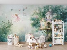 a child's room decorated in pastel colors with fairy themed wallpaper and furniture