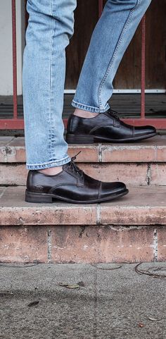 Leather oxford by BEDSTU. This cap toe style boasts rich burnished leather, a rustic finish, and heavy stitch detail. Oxford Style, Dapper Style, Day At The Office, Sandals Slippers