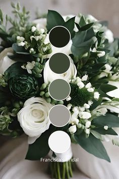 a bouquet with white flowers and greenery arranged in shades of green, gray, and white