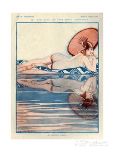 a woman laying on the water with an umbrella