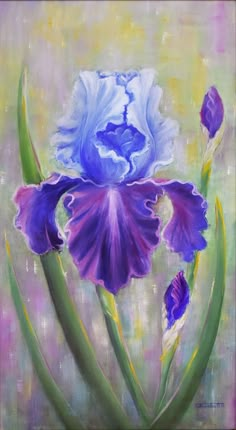 a painting of purple and blue flowers with green stems