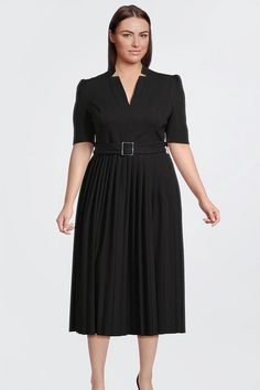 Plus Size Structured Crepe Forever Pleat Dress | Karen Millen Elegant Fitted Belted V-neck Dress, Classic Tailored V-neck Dress, Classic V-neck Dress With Fitted Waist, Classic V-neck Semi-formal Dress, Formal Pleated V-neck Dress, Solid V-neck Workwear Dress For Fall, Solid Color Formal Dress With Notched Neckline, Fall Workwear V-neck Dress, Elegant Black Split Neck Dress