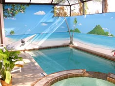 an indoor jacuzzi with a view of the ocean