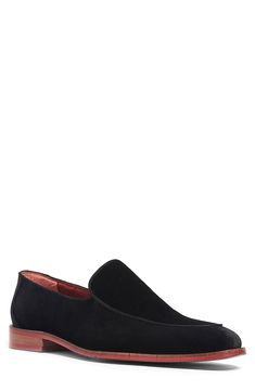 A dapper loafer crafted from luxe velvet is set on a bold sole for statement style. Cushioned footbed Velvet upper/leather lining/rubber sole
 Imported Formal Slip-on Loafers With Suede Lining, Cushioned Slip-on Dress Shoes For Derby, Black Slip-on Loafers With Suede Lining, Black Slip-on Tassel Loafers With Textured Sole, Classic Formal Slippers With Almond Toe, Classic Almond Toe Slippers For Formal Occasions, Black Tassel Loafers With Textured Sole And Plain Toe, Black Loafers With Contrast Sole, Formal Slip-on Oxfords With Cushioned Footbed