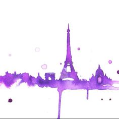 the eiffel tower is painted in purple watercolor