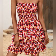 Smocked Bandeau Printed Ruffled Mini Dress Red Floral Print. Size Large (Approx. 12-14) Brand New W/Tag From Beachsissi Red Smocked Bodice Mini Dress For Summer, Red Mini Dress With Smocked Bodice For Summer, Red Mini Dress With Smocked Back, Casual Red Mini Dress With Smocked Back, Red Casual Mini Dress With Smocked Back, Red Beach Mini Dress With Ruffle Hem, Red Ruffle Hem Mini Dress For Beach, Red Smocked Mini Dress For Spring, Red Summer Mini Dress With Smocked Back