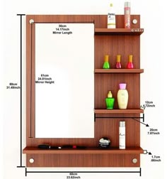 a wooden medicine cabinet with mirror and shelves on it's sides, labeled for measurements