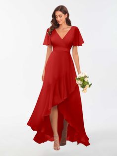 #color_Red Red V-neck Chiffon Wedding Dress, Red V-neck Chiffon Dress For Wedding, Red V-neck Maxi Dress For Bridesmaid, Diana Dress, Bridesmaid Look, Enchanting Dress, Western Gown, Short Sleeves Dress, Red Bridesmaid Dresses