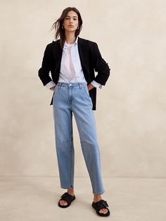 Mid-Rise Barrel Jean | Banana Republic Factory Chic Cropped Jeans With Relaxed Fit For Work, Versatile Tapered Leg Jeans For Spring, Chic High Rise Cropped Jeans For Work, Chic High-rise Cropped Jeans For Work, Trendy Medium Wash Cropped Jeans For Work, Trendy Relaxed Fit Jeans For Work, Light Wash Relaxed Fit Jeans For Work, Straight Leg Cropped Jeans In Light Wash For Workwear, Chic Light Wash Jeans For Workwear