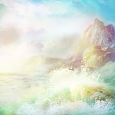 an artistic painting of water and mountains in the ocean with waves coming up from them