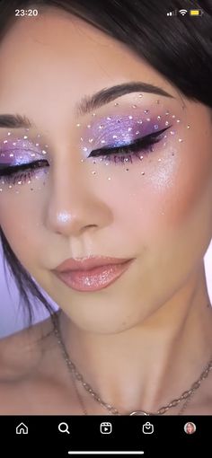 Purple Makeup With Pearls, Speak Now Makeup Eras Tour, Makeup Competition Ideas, Olivia Rodrigo Guts Tour Makeup Ideas, Purple Carnival Makeup, Colorguard Makeup Looks, Purple Stage Makeup, Six The Musical Makeup Ideas, Purple Makeup With Gems