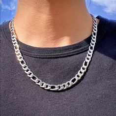 Brand New 18k White Gold Men's Figaro Chain Necklace Like A Musical Piece, The Figaro Chain Has A Definite Tempo - Three Short Links Followed By One Longer One. Fashioned In Warm 18k White Gold, This 7.5mm Wide Chain Features A Bright Polished Shine, Perfect For Every Day Wear. The Style Measures 22 Inches In Length And Secures With A Lobster Claw Clasp. Details: Length 22" Width 7.5mm Authentic 18k White Gold Plated Sterling Silver Retail Price $300 Buy With Confidence From A Trusted Seller Wit Mens Figaro Chain, Necklace Guys, Chain Necklace Outfit, Figaro Chain Men, Figaro Necklace, Edgy Jewelry, Silver Chain For Men, Figaro Chain Necklace, Boys Jewelry