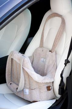 a car seat with a baby carrier in it's back pocket and the door open