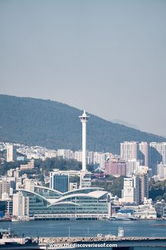 an airplane is flying over the water in front of some tall buildings and a mountain