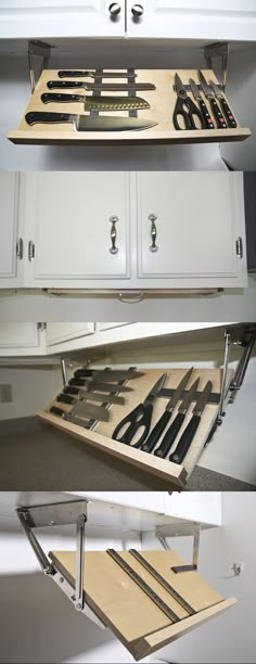 kitchen drawer dividers with knives and spoons on them in various stages of operation