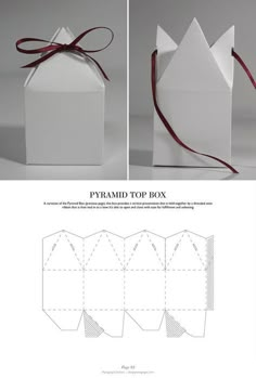 an origami box with red ribbon tied around the top and bottom, is shown in three different views