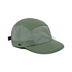 a green hat with mesh on the front and side panels, sitting against a white background