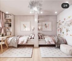 a bedroom with two beds and a desk in front of the bed is decorated in pastel colors