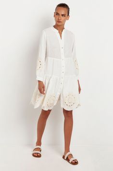 Leros Dress – NOMADIC Spring A-line Dress With Embroidered Hem, Elegant Long Sleeve Dress With Cutwork Hem, Spring A-line Dress With Cutwork Hem, Elegant Day Dresses With Embroidered Hem, Spring Midi Dress With Cutwork Hem, Chic Floral Embroidery Day Dresses, Chic Floral Embroidered Dresses For Daywear, Summer Knee-length Embroidered Dress For Daywear, Daywear Midi Dress With Cutwork Hem