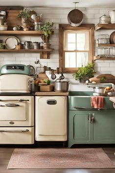 an old fashioned kitchen with pots and pans on the stove top, shelves above