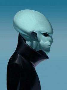 an alien man is standing in front of a blue background and wearing a black suit