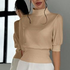 Fall Short Sleeve Office Tops, Beige Short Sleeve Tops For Fall, Beige Stretch Blouse For Work, Fitted Puff Sleeve Work Tops, Fitted Top For Office Wear In Fall, Stretch Tops For Office In Spring, Fitted Beige Top For Office, Fitted Beige Office Top, Boho Picnic