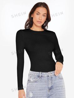 Casual Fine Knit Fitted Sweater, Fine Knit Fitted Casual Sweater, Casual Fitted Fine Knit Sweater, Ribbed Long Sleeve T-shirt For Fall, Trendy Solid Color Long Sleeve Crew Neck Top, Fitted Long Sleeve T-shirt With Ribbed Neckline, Casual Fitted Knit Sweater, Trendy Fitted Long Sleeve Knit Top, Solid Color Fine Knit Crew Neck Top