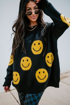 LALA ORIGINAL DESIGN: Have Fun Oversized Smiley Knit – Dressed In LALA Playful Oversized Knit Sweater, Oversized Playful Knit Sweater, Fun Oversized Winter Sweater, Playful Oversized Sweater For Fall, Oversized Playful Sweater For Fall, Playful Oversized Crew Neck Sweater, Oversized Playful Crew Neck Sweater, Oversized Long Sleeve Yellow Sweater, Oversized Fun Fall Sweater