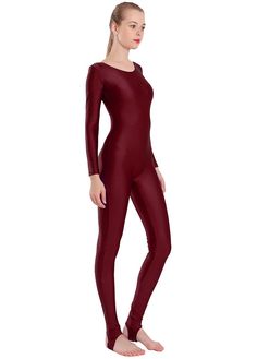 85% Nylon , 15% Spandex Long-sleeved, One-piece Dance unitard with stirrups, and scoop front and back. 4-way stretch fabric, quickly drying. soft, breathable. Great for yoga, dance, running, jogging, workout, fitness, sport, gym, and clubwear. It is also useful to wear under clothing, and unisex design both for men and women. Our model wears size M, Height 5.74 Ft BWH (35.4in, 26.8in. 34.6in.) Fitted Bodysuit With Thumbholes And Scoop Neck, Fitted Scoop Neck Bodysuit With Thumbholes, Solid Second-skin Dancewear Leotard, Elegant Stretch Leotard With Scoop Neck, Fitted Nylon Leotard With Scoop Neck, Fitted Nylon Bodysuit With Scoop Neck, Solid Color Second-skin Bodysuit For Dancewear, High Stretch Full Length Elastane Unitard, Stretch Full-length Bodysuit