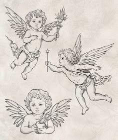 three cherubs are depicted in this hand - drawn illustration, one is holding a wand and the other has wings