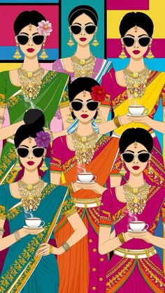 a group of women in sari holding cups and saucers