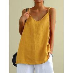 Fabric:Linen; Sleeve Length:Sleeveless; Look After Me:Machine wash; Gender:Women's; Style:Casual,Basic; Tops Type:Camisole,Tank Top; Occasion:Going out,Casual,Holiday; Pattern:Plain; Neckline:V Neck; Bust:null; Length:null; Shoulder Width:null; Sleeve:null; Waist:null; Fit US Size:null; Fit UK Size:null; Fit EU Size:null Summer Cotton V-neck Camisole, Spring Solid Color Sleeveless Blouse, Solid Sleeveless Vest Tank Top, Sleeveless Summer Vest With Adjustable Straps, Sleeveless Solid Color Tops For Spring, Spring Sleeveless Solid Color Tops, Yellow V-neck Vest For Summer, Summer Sleeveless Camisole With Adjustable Straps, Spring Sleeveless Vest With Adjustable Straps