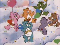 a group of teddy bears flying through the air with balloons and confetti on them