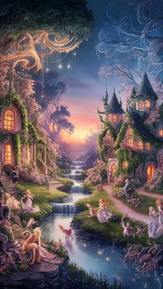 the fairy land is full of beautiful houses and trees, as if they were floating in the water