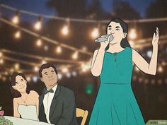 a woman in a blue dress sings into a microphone while two men sit at a table