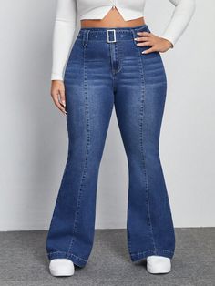 Plus Buckle Belted Flare Leg Jeans Dark Wash    Denim Plain Flare Leg Medium Stretch  Women Plus Clothing, size features are:Bust: ,Length: ,Sleeve Length: Shein Cart, Plus Size Denim, Denim Flares, Plus Size Jeans, New Clothes, Kids Beachwear