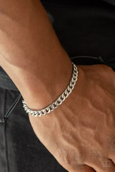 Shiny black cording knots around the ends of a silver beveled curb chain that is wrapped across the top of the wrist for a versatile look. Features an adjustable sliding knot closure. Sold as one individual bracelet. P9MN-URSV-016XX Adjustable Knot Bracelet, Sliding Knot Closure, Adjustable Sliding Knot, Mens Chain Bracelet, Mens Silver Jewelry, Hand Bracelet, Mens Bracelet Silver, Mens Black Leather, Silver Chain Bracelet