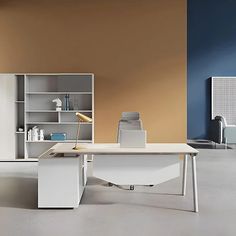 an office desk with a book shelf and shelving unit in the background