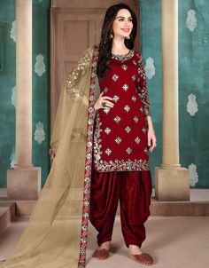 Maroon Art Silk Palazzo Dress Maroon Heavy Embroidred With Orignal Glass Work:Arabic Attire Suit For Ladies, Patiala Salwar Kameez, Designer Dupatta, Patiala Salwar Suits, Latest Salwar Suits, Silk Anarkali, Designer Punjabi Suits, Salwar Dress, Punjabi Salwar