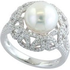 14K White Gold EFFY South Sea Pearl and Diamond Ring - 0.55 Carat Total Diamond Weight Elegant White Gold Pearl Ring With Diamond Accents, Elegant Pearl Ring With Diamond Accents For Formal Occasions, Elegant Evening Diamond Ring With Pave Setting, Elegant Evening Ring With Pave Setting, Elegant Evening Rings With Pave Setting, Elegant White Gold Brilliant Cut Pearl Ring, Elegant White Gold Pearl Ring With Brilliant Cut, Elegant Diamond White Pearl Ring With Diamond Accents, Elegant Oval Brilliant Cut Pearl Ring